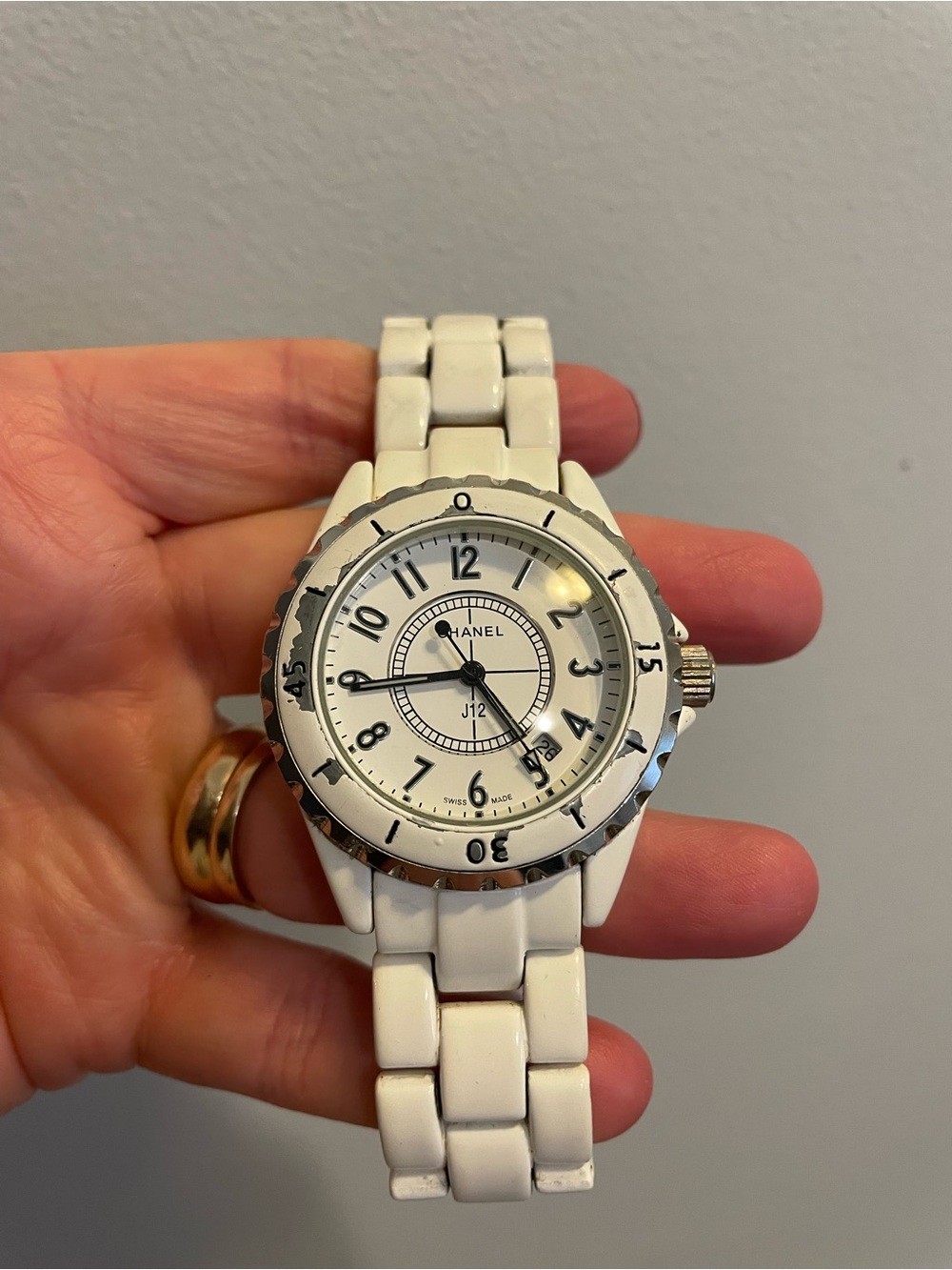 CHANEL White Ceramic J12 Bracelet Watch with Silver-Tone Bezel